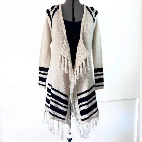 Windsor Sweaters - Western Style Knit Stripe Waterfall Fringe Cardigan Black & Cream Sweater- M
